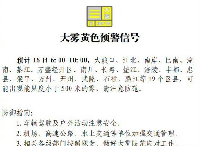 重庆市黔江区发布大雾黄色预警