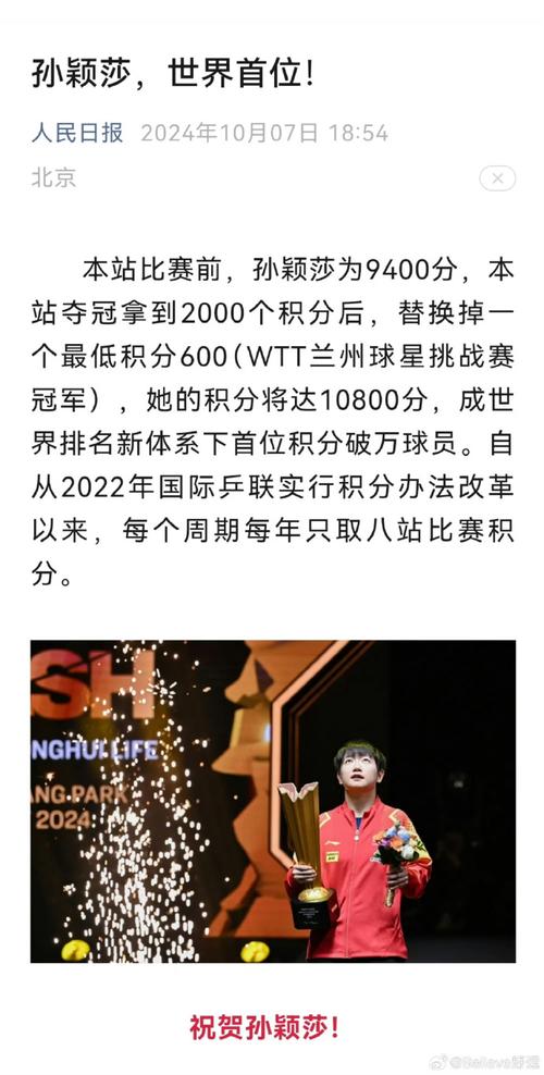 国际乒联最新排名公布!孙颖莎积分破万